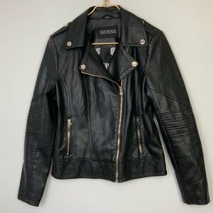 Guess Womens Sz Medium Black Faux Leather Moto Biker Jacket Motorcycle Punk